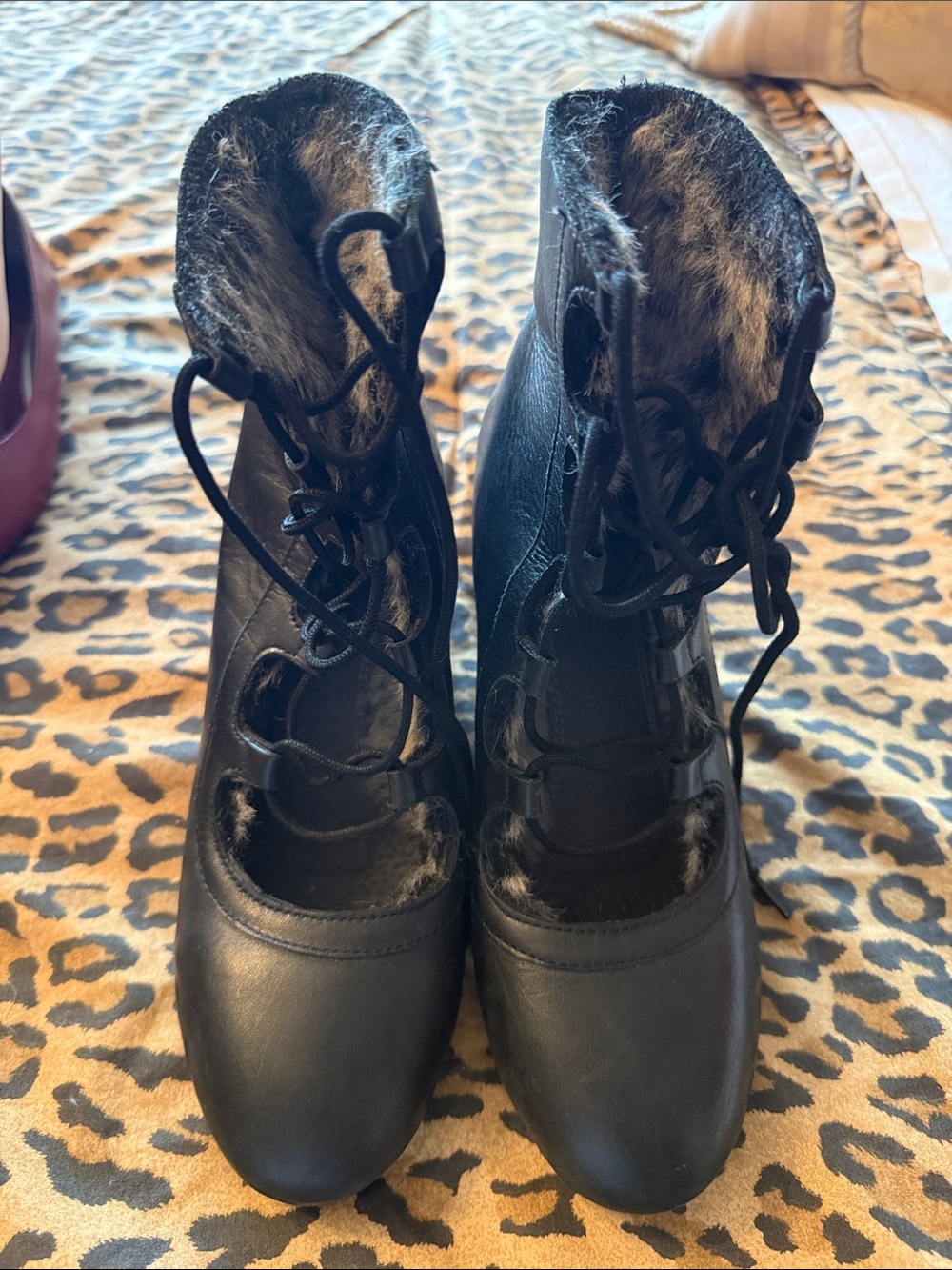 Seychelles Black Lace-Up Faux Fur Ankle Boots